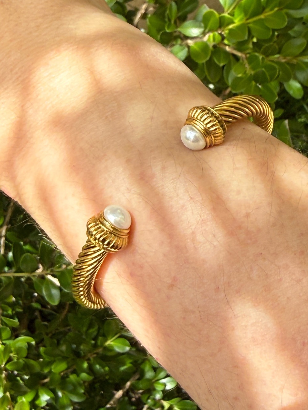 Gold-Tone Twisted Cable Cuff Bracelet with Pearl Endcaps - Picture 3 of 7